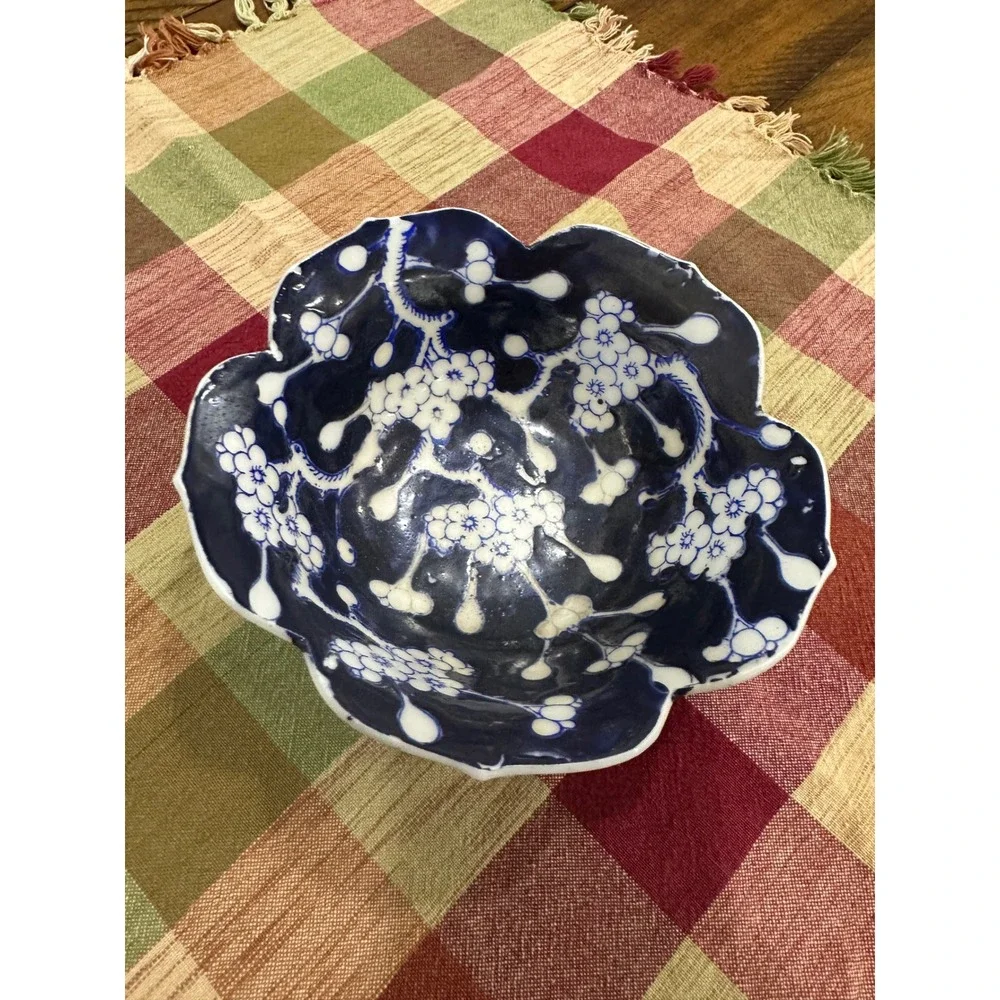 Vintage Japanese Cobalt Flow Blue Cherry Blossom Scalloped Porcelain Bowl